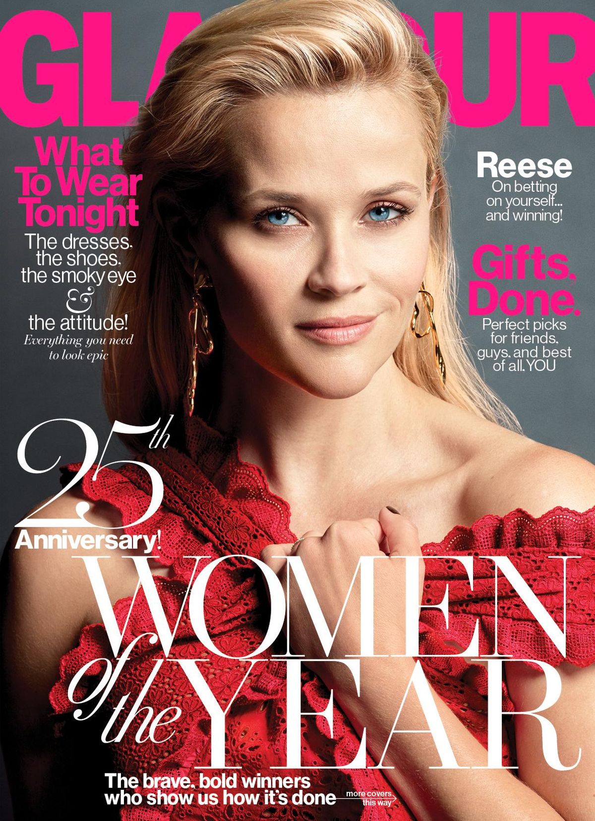 This image provided by Conde Nast shows actress Reese Witherspoon on the cover of Glamour magazine’s 25th Anniversary Women of Year issue. (Tom Munro / Associated Press)