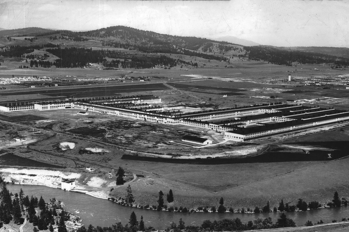 1946: This aerial photo shows the Kaiser Aluminum Trentwood rolling mill after it was taken over by industrialist Henry J. Kaiser at the end of World War II. Government financing built the plant in 1942 and it produced the sheet aluminum for the aircraft that won the war, including the B-17 bomber and the P-51 fighter. The complex covers 53 acres of ground, situated between the Spokane River, Trent Avenue, and Evergreen and Sullivan roads. The plant was financed by the Defense Plant Corp., a government agency that supported wartime manufacturing. After the war, it became Kaiser Aluminum, a staple industry of Spokane ever since.  (THE SPOKESMAN-REVIEW PHOTO ARCHI)