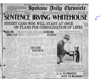 Voters overwhelmingly approved Spokane’s historic streetcar merger by more than a two-to-one margin on May 2, 1922, the Spokane Daily Chronicle reported. The newspaper also reported that Irving Whitehouse, head of a Spokane brokerage firm, was sentenced to five-to-15 years for grand larceny.  (Spokesman-Review archives)
