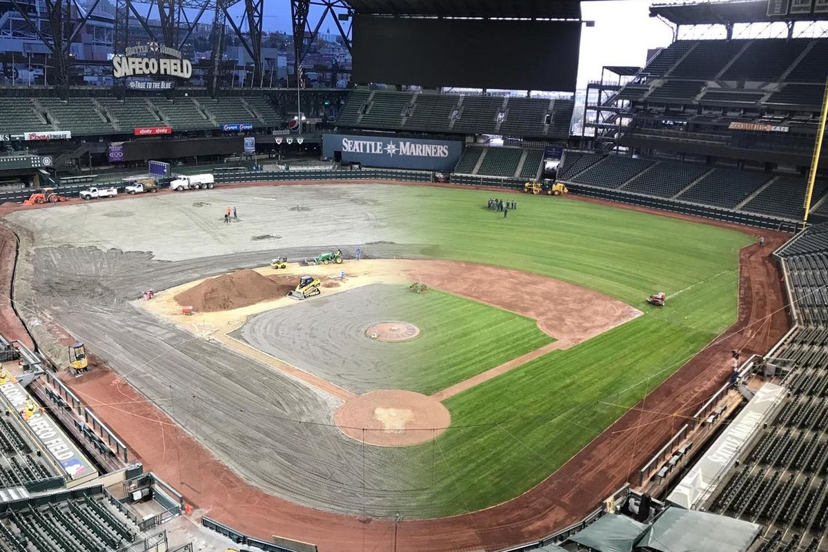A composite image shows the transformation of Safeco Field’s renovation. Spokane-based A.M. Landshaper worked on the project for four weeks. (A.M. Landshaper / Courtesy)