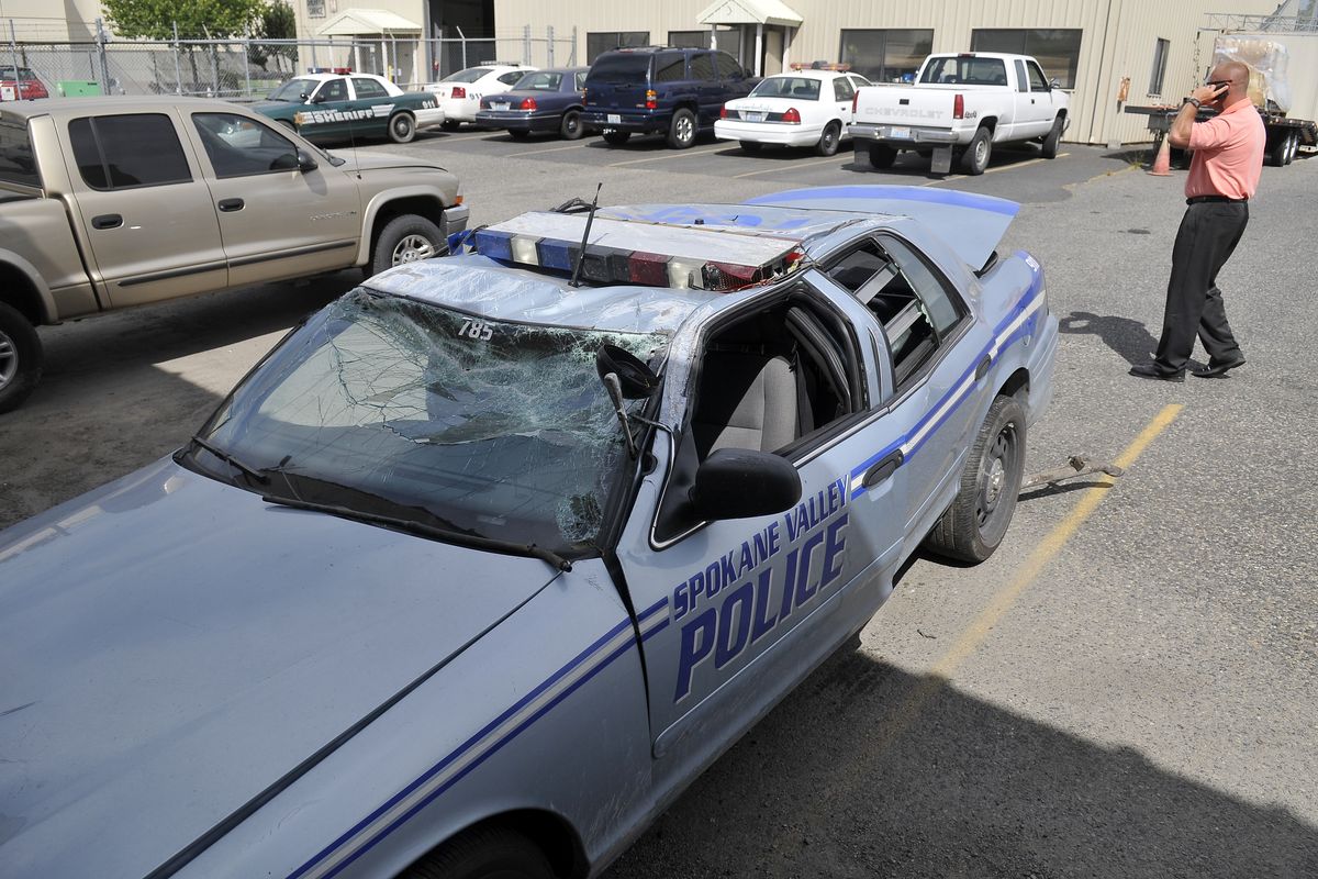 The patrol car driven in a crash on Aug. 3 sits in the Sheriff’s Office parking lot last Wednesday. (Jesse Tinsley)