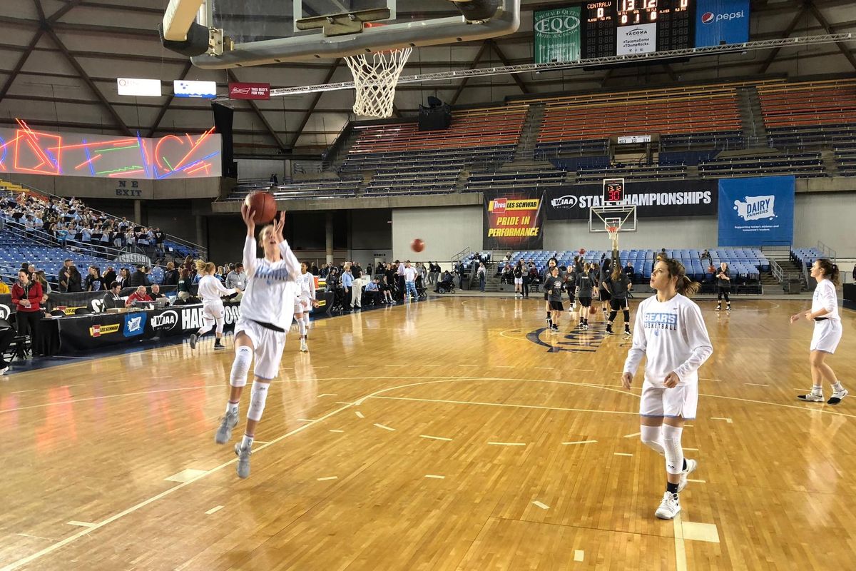 Lexie Hull warming up in advance of Central Valley’s quarterfinal win over Kentlake at the Tacoma Dome on Thursday, March 1, 2018. (Dave Nichols / The Spokesman-Review)