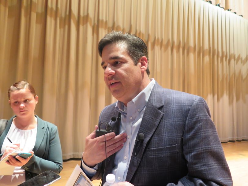 idaho Congressman Raul Labrador answers questions from reporters, after a town-hall meeting in Meridian, Idaho that stretched for more than three hours on Wednesday night, April 19, 2017. (Betsy Z. Russell)