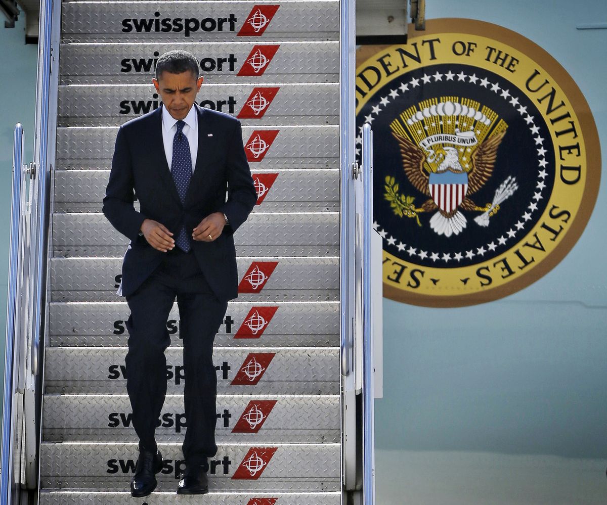 President Barack Obama steps off Air Force One upon his arrival, Monday, Sept. 24, 2012, at JFK airport in New York. (Pablo Monsivais / Associated Press)