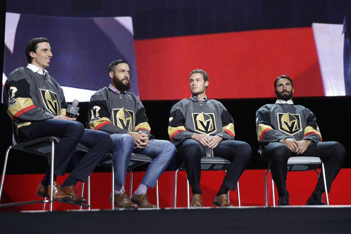 FILE - In this Wednesday, June 21, 2017, file photo, from left, Vegas Golden Knights' Marc-Andre Fleury, Deryk Engelland, Brayden McNabb and Jason Garrison sit on stage during an event following the NHL expansion draft in Las Vegas. In 2017, the NHL altered some of its expansion draft rules and Vegas used the expansion draft to become the most successful first-year franchise in league history, reaching the Stanley Cup Final. It is same rules and situation this time around for the Seattle Kraken, which have its own expansion draft next week.  (John Locher)