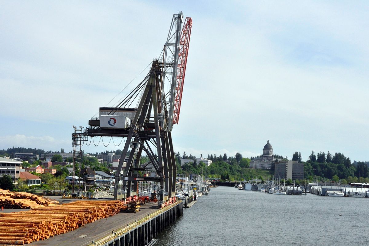 Logs wait on the dock of the Port of Olympia about a mile from the state Capitol. (Jim Camden / The Spokesman Review)