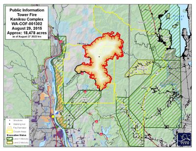 This map shows the Tower Fire as well as the areas under evacuation. The evacuation levels indicated are out of date. (Tower Fire public information officer)