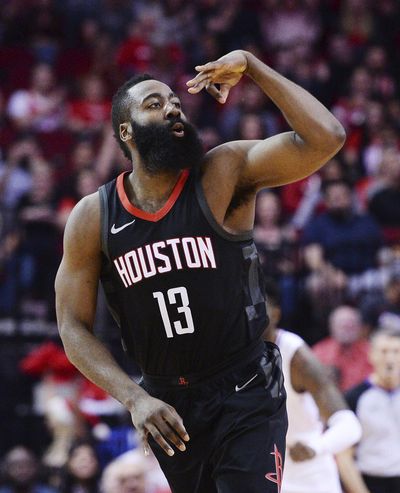 Houston Rockets guard James Harden celebrates a 3-point shot against the Los Angeles Clipers early in an NBA basketball game Friday, Dec. 22, 2017, in Houston. (AP Photo/George Bridges) ORG XMIT: TXGB101 (George Bridges / AP)