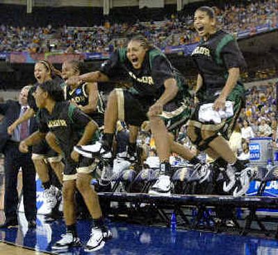 
The Baylor Bears jump for joy after improbable comeback.
 (Associated Press / The Spokesman-Review)