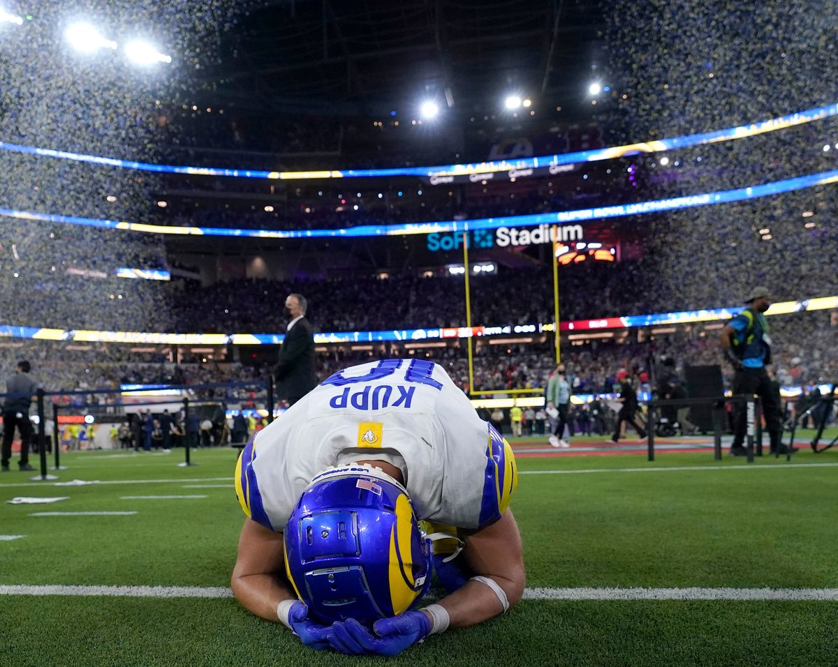 Los Angeles Rams wide receiver Cooper Kupp (10) reacts after the Rams defeated the Cincinnati Bengals in the NFL Super Bowl 56 football game Sunday, Feb. 13, 2022, in Inglewood, Calif.  (Marcio Jose Sanchez/Associated Press)