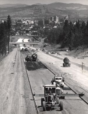 Construction of I-90 overlooking downtown Spokane in July 1964. (File)