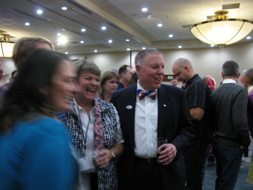 A.J. Balukoff, in a red, white and blue bow tie, greets supporters on election night (Betsy Russell)