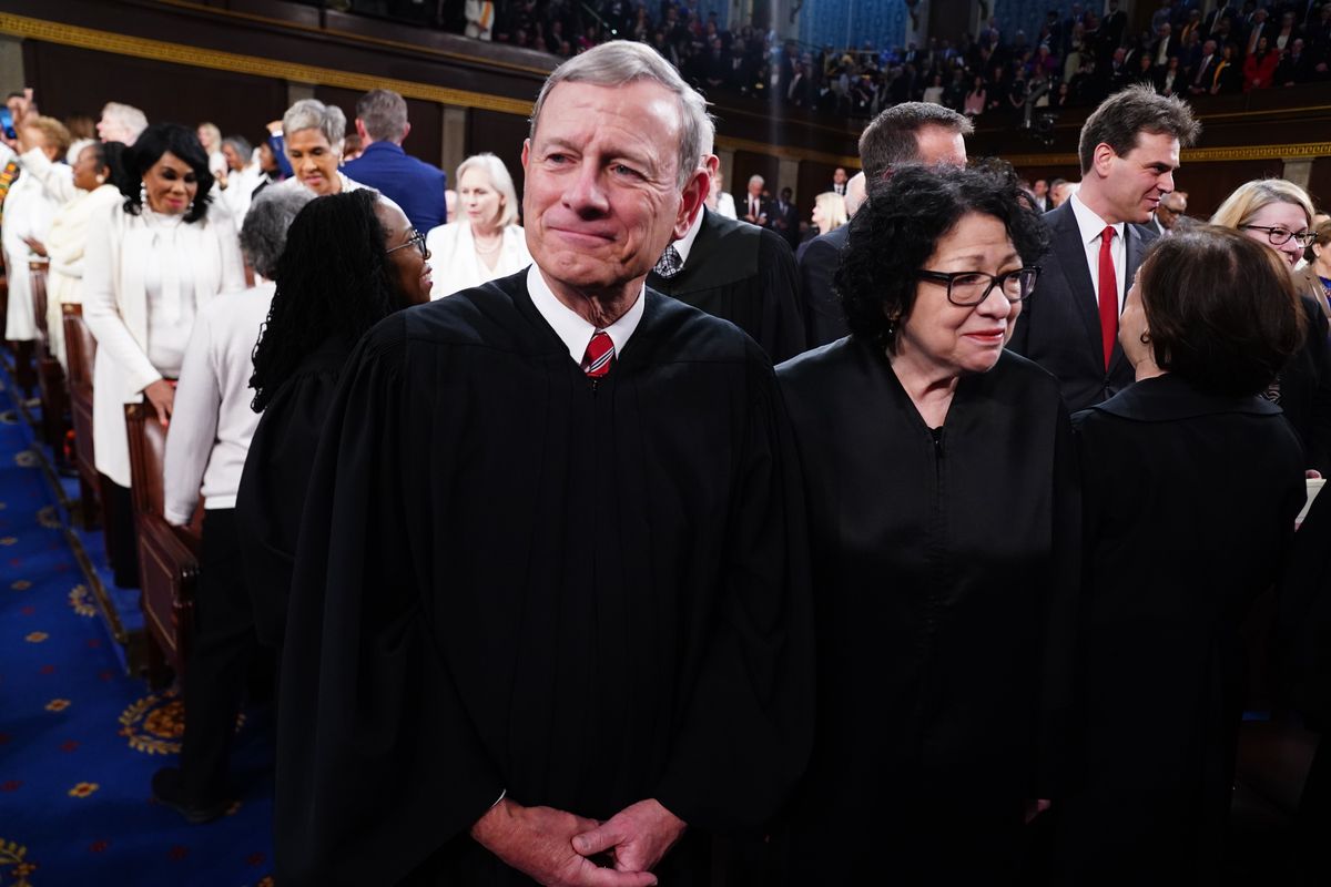 WASHINGTON, DC – MARCH 7: U.S. Supreme Court Chief Justice John Roberts and Associate Justice Sonia Sotomayor stand on the House floor ahead of the annual State of the Union address by U.S. President Joe Biden before a joint session of Congress at the Capital building on March 7, 2024 in Washington, DC. This is Biden’s final address before the November general election. (Photo by Shawn Thew-Pool/Getty Images)  (Pool)