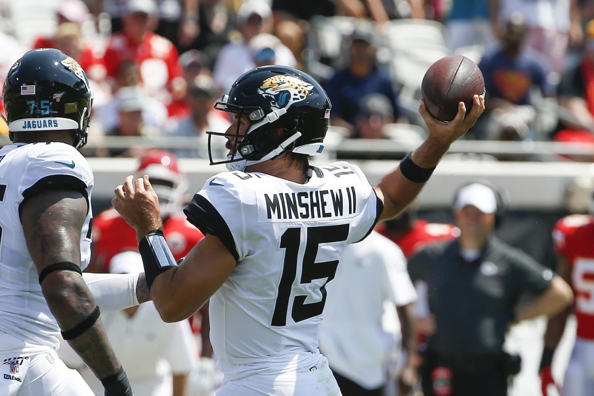 Jacksonville Jaguars quarterback Gardner Minshew (15) throws a pass against the Kansas City Chiefs during the first half of an NFL football game, Sunday, Sept. 8, 2019, in Jacksonville, Fla. (Stephen B. Morton / AP)