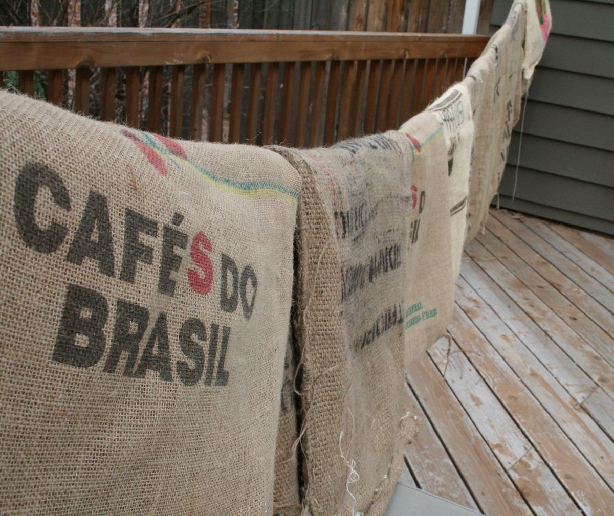 Coffee sacks, courtesy of Doma Coffee Roasting Co., hang on my clothesline, awaiting inspiration. (Megan Cooley)