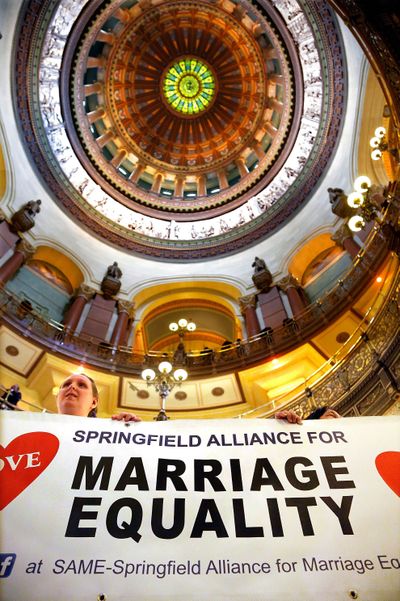 Supporters of same-sex marriage legislation rally Tuesday at the Illinois State Capitol in Springfield. (Associated Press)