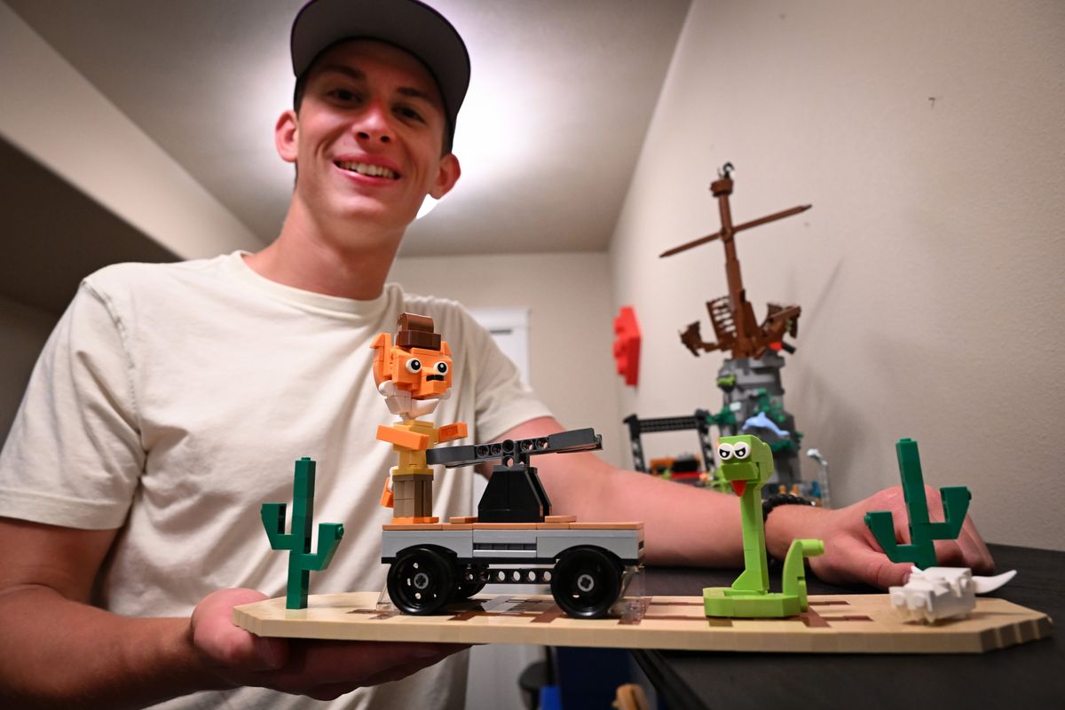 Recent Shadle graduate Joseph Perkins, an admitted Lego fanatic, built this small scene of a fox on a handcar and entered it in one of many Lego contests and won. He plans to take the small piece to Billund, Denmark, to deliver it to the Lego museum where it will be displayed. (Jesse Tinsley/THE SPOKESMAN-REVI)