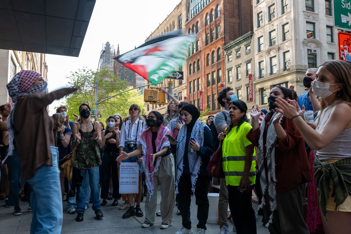 Pro-Palestinian protesters confront supporters of Israel outside The New School in lower Manhattan as tensions over the war in Gaza continue on campuses and inside of colleges and universities throughout the city on May 2, 2024, in New York City. (Spencer Platt/Getty Images North America/TNS)