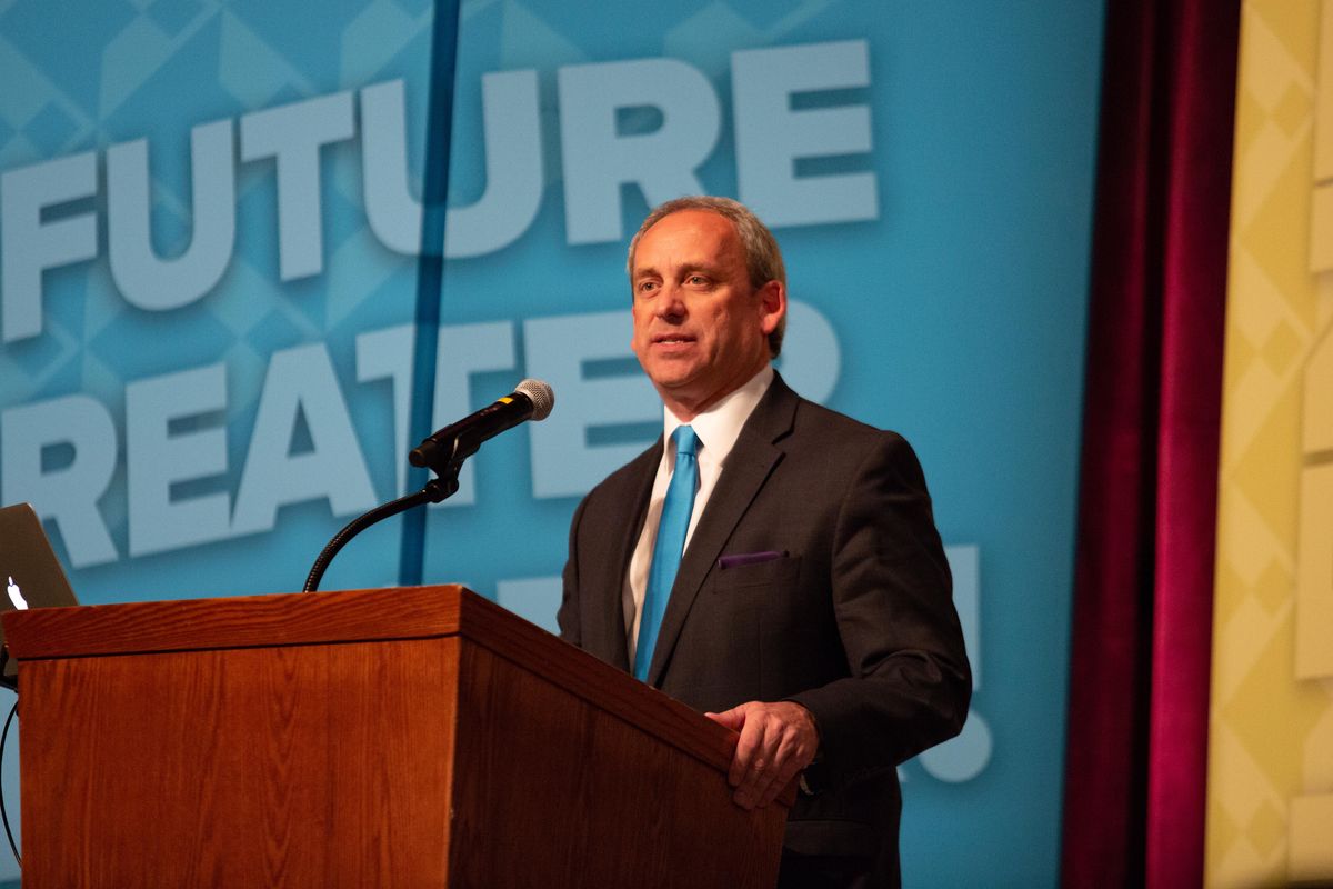 Greater Spokane Incorporated CEO Todd Mielke delivers opening remarks at the organization’s annual meeting on Sept. 27, 2018, at the Spokane Convention Center. Mielke announced his resignation Monday, Sept. 16, 2019. (Libby Kamrowski / The Spokesman-Review)