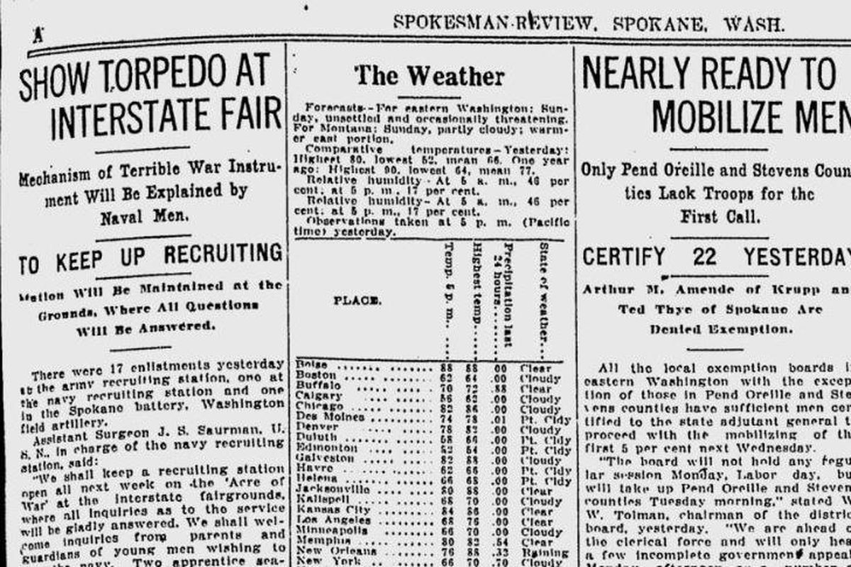 A U.S. Navy recruiting station opened on the grounds of the Interstate Fair, and it planned to display a Whitehead torpedo, The Spokesman-Review reported on Sept. 2, 1917. (Spokesman-Review archives)