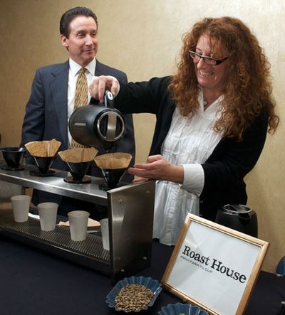 Deborah Di Bernardo, owner of Roast House Coffee, will be using the Melitta coffee brewing method at the dinner in New York, June 2—the same method she is using here at the Champagne & Chocolate Gala in 2012. 
 (Renee Sande)