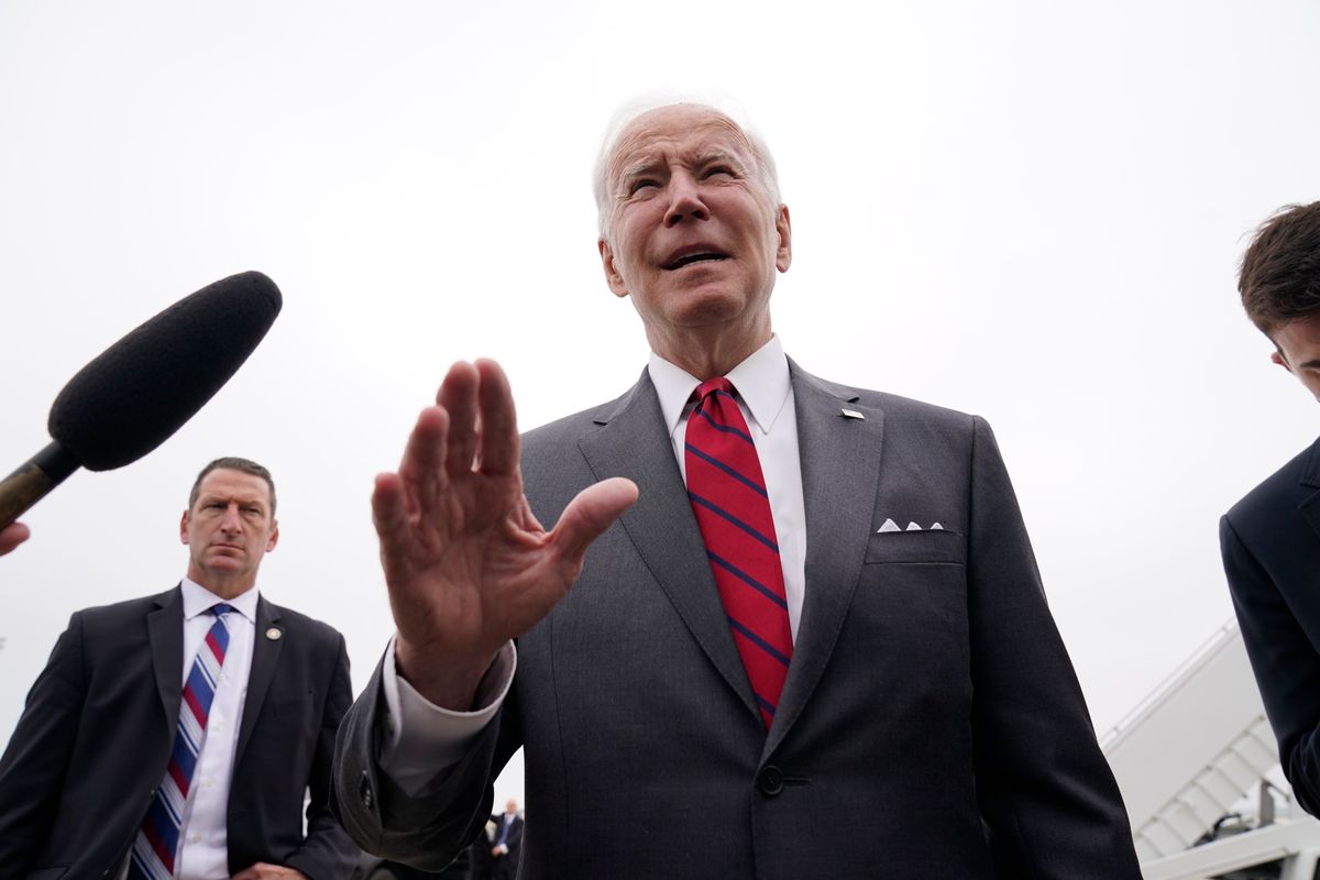 President Joe Biden speaks to the media before boarding Air Force One for a trip to Alabama to visit a Lockheed Martin plant, Tuesday, May 3, 2022, in Andrews Air Force Base, Md.  (Evan Vucci)