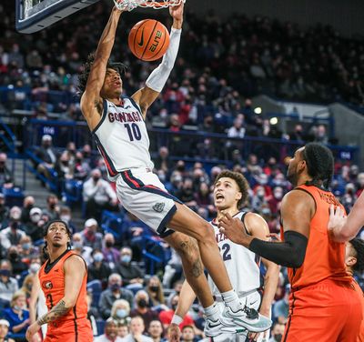 Gonzaga guard Hunter Sallis slams home two points against Pacific last Thursday in the McCarthey Athletic Center.  (Dan Pelle/The Spokesman-Review)