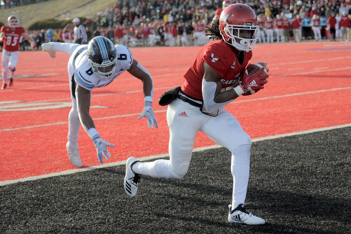 Eastern Washington Eagles Nsimba Webster scores a touchdown against Maine during the first half of a college football game on Saturday, December 15, 2018, at Roos Field in Cheney, Wash.  (Kathy Plonka / The Spokesman-Review)