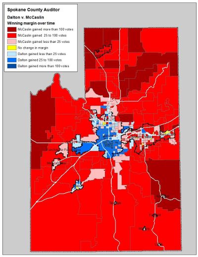 This map shows how winning margins in each precinct changed for Spokane County Auditor Vicky Dalton and her Republican challenger Bob McCaslin from the tally on Election Night until the final count last week.  (By Jim Camden / For The Spokesman-Review)