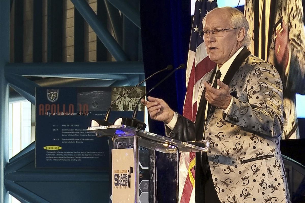 In this July 15, 2017, file photo, Andrew Aldrin, Apollo 11 astronaut Buzz Aldrin’s son, speaks at the commemoration for the upcoming anniversary of the 1969 mission to the moon and a gala for the nonprofit space education foundation, ShareSpace Foundation, at the Kennedy Space Center in Cape Canaveral, Fla. Aldrin is expected to be noticeably absent from a gala kicking off a yearlong celebration of the 50-year anniversary of the first moon landing, even though his foundation is a sponsor and he typically is the star attraction. Organizers haven’t heard one way or another if Aldrin is attending Saturday, July 21, 2018, evening’s Apollo Celebration Gala at the Kennedy Space Center in Florida, but they expect him to be a no-show. (Alex Sanz / AP)