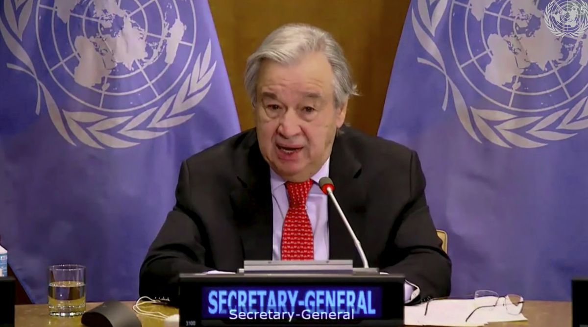 In this image made from UNTV video, United Nations Secretary General Antonio Guterres speaks during a U.N. Security Council high-level meeting on COVID-19 recovery focusing on vaccinations, chaired by British Foreign Secretary Dominc Raab, Wednesday, Feb. 17, 2021, at UN headquarters, in New York.  (HONS)