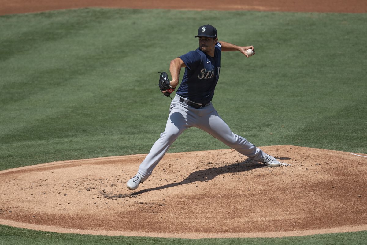 Marco Gonzales held the Angels to just four hits on Monday in Anaheim, Calif.  (Kyusung Gong)