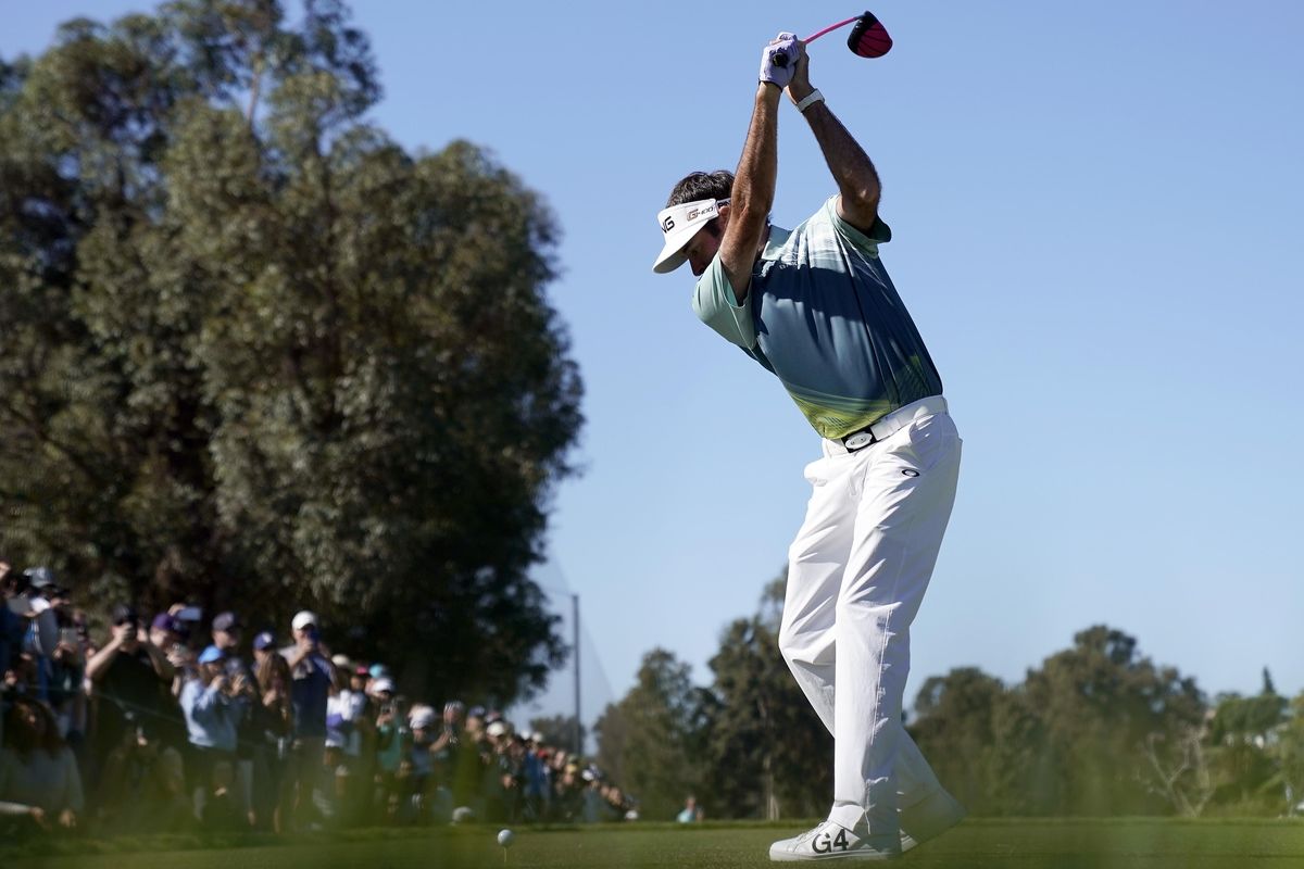 Bubba Watson tees off on the second hole during the final round of the Genesis Open golf tournament at Riviera Country Club Sunday, Feb. 18, 2018, in the Pacific Palisades area of Los Angeles. (Ryan Kang / Associated Press)