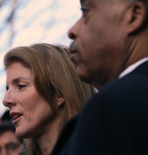 ORG XMIT: NYR207 The Rev. Al Sharpton, right, stands beside Caroline Kennedy as they field questions, during a press conference outside the famed soul food restaurant Sylvia's in Harlem, New York, Thursday Dec. 18, 2008.  The late President John F. Kennedy's daughter acknowledged Wednesday she's seeking to be appointed to the Senate seat held by Hillary Rodham Clinton, who has been nominated by President-elect Barack Obama to be secretary of state. (AP Photo/Bebeto Matthews) (Bebeto Matthews / The Spokesman-Review)