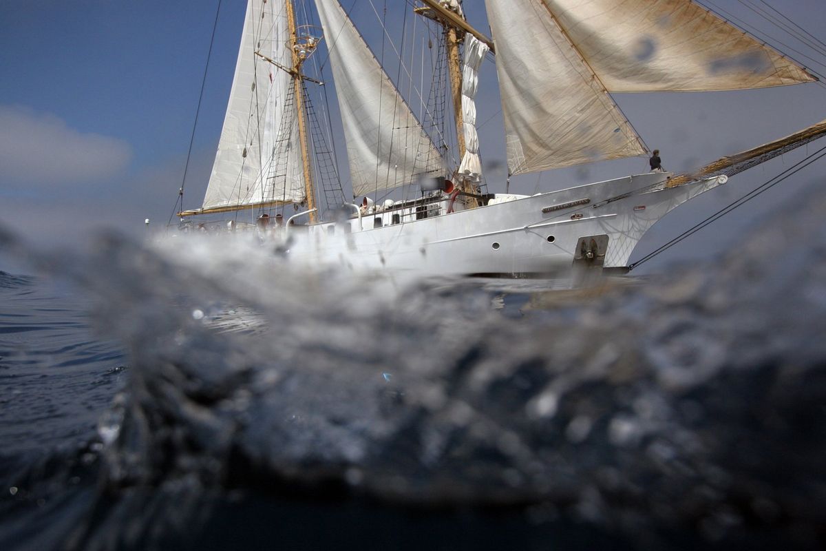 Sea Education Association’s brigantine Robert C. Seamans sails 10 miles offshore from Point Loma in San Diego to conduct research into the “plastisphere.”