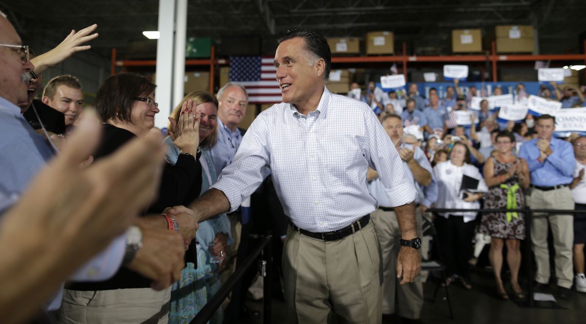 Republican presidential candidate Mitt Romney campaigns at PR Machine Works in Mansfield, Ohio, Monday, Sept. 10, 2012. (Charles Dharapak / Associated Press)