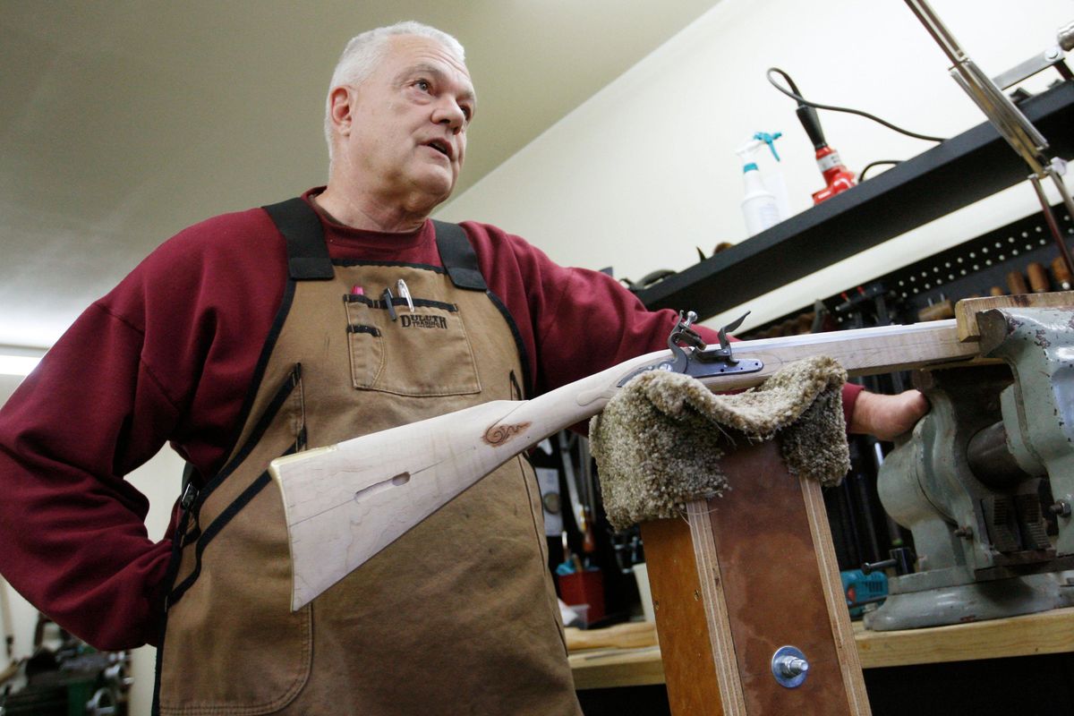 Jim Bonawitz talks about his historic replica flintlock rifles in his workshop Tuesday, November 22, 2016. (Casey Page / Courtesy Billings Gazette)