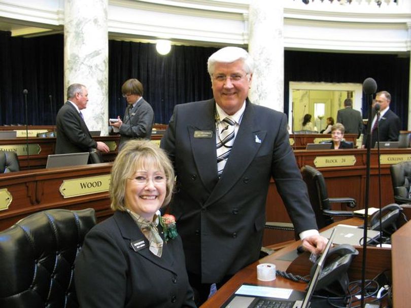 Carole and Dick Harwood in the Idaho House. Dick Harwood is in his sixth term; Carole Harwood is serving as a substitute for new Rep. Shannon McMillan, R-Kellogg. (Betsy Russell)