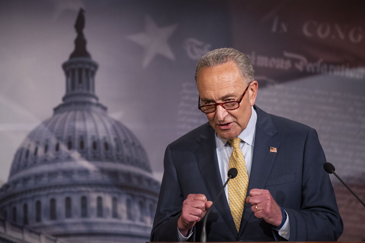 In this June 16, 2020 photo, Senate Majority Leader Chuck Schumer of N.Y., speaks during a news conference on Capitol Hill in Washington.  (Manuel Balce Ceneta)
