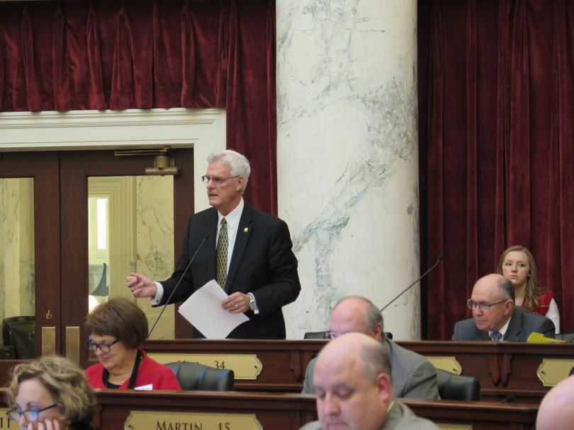 Sen. Brent Hill, R-Rexburg, presents the details of HB 463 - the governor's $200 million-plus income tax cut bill - to the Idaho Senate on Thursday, March 1, 2018. (Betsy Z. Russell)