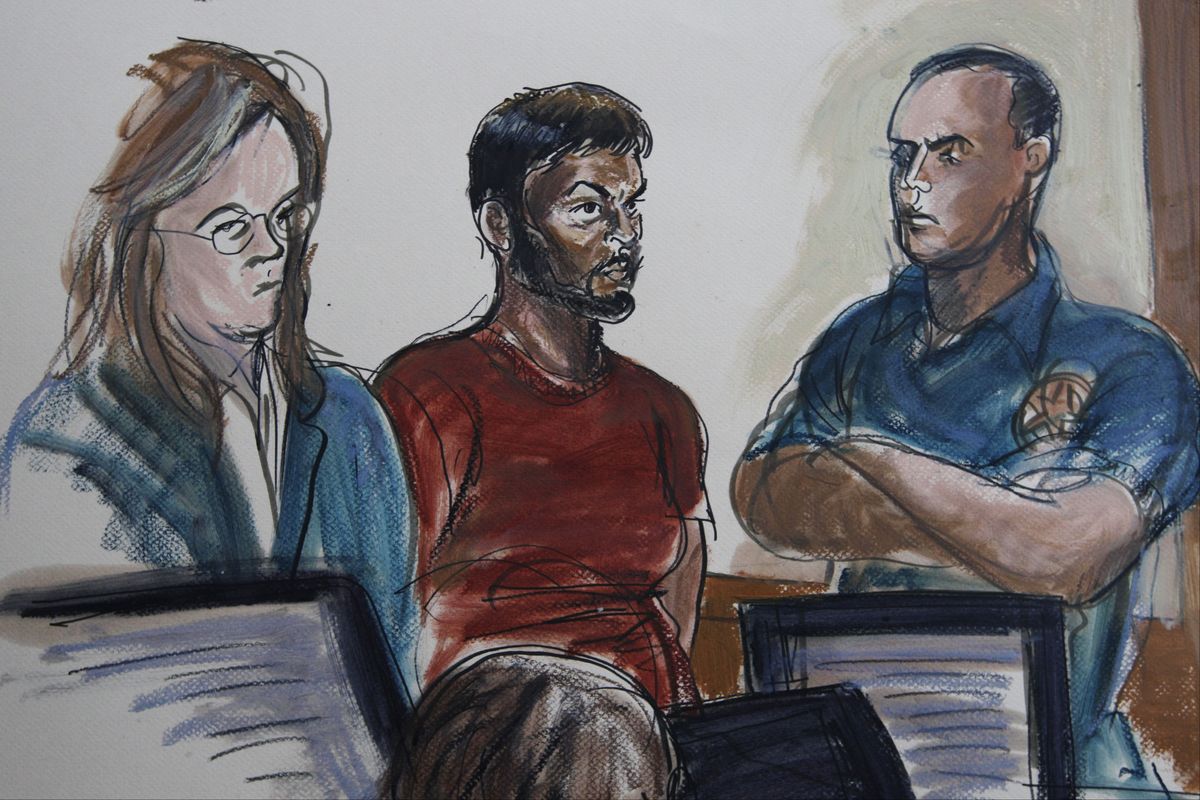 This courtroom sketch shows Quazi Mohammad Rezwanul Ahsan Nafis, 21, center, and his attorney Heidi Cesare, left, in Brooklyn Federal Court Wednesday, Oct. 17, 2012, in New York. Quazi Mohammad Rezwanul Ahsan Nafis, 21, was arrested in a sting operation Wednesday morning after he parked a van filled with what he believed were explosives outside the building and tried to detonate it in a suicide mission, authorities said. (Elizabeth Williams / Associated Press)