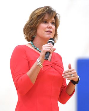 During a talk about campus safety for the kids of Borah Elementary in Coeur d'Alene, Idaho first lady Lori Otter speaks to third, fourth and fifth graders Wednesday, Sept. 21, 2016 during a school assembly. She told kids that when they see something out of place in their school, they should tell an adult right away. Otter introduced the See/Tell/Now program and encouraged the kids to be the eyes and ears of school security. JESSE TINSLEY jesset@spokesman.com (Jesse Tinsley / The Spokesman-Review)