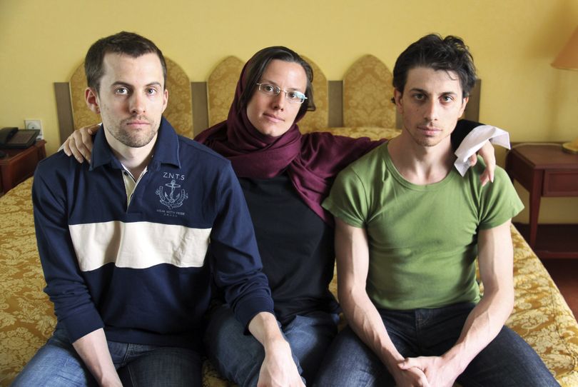 In this May 20, 2010 file photo, American hikers Shane Bauer, left, Sarah Shourd, center, and Josh Fattal, sit at the Esteghlal Hotel in Tehran, Iran. (Associated Press)