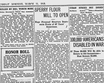 The big Sperry Flour Mill on East Sprague was about to open – with a capacity of at least 1,000 barrels a day, reported The Spokesman-Review on March 14, 1919. (The Spokesman-Review archives)