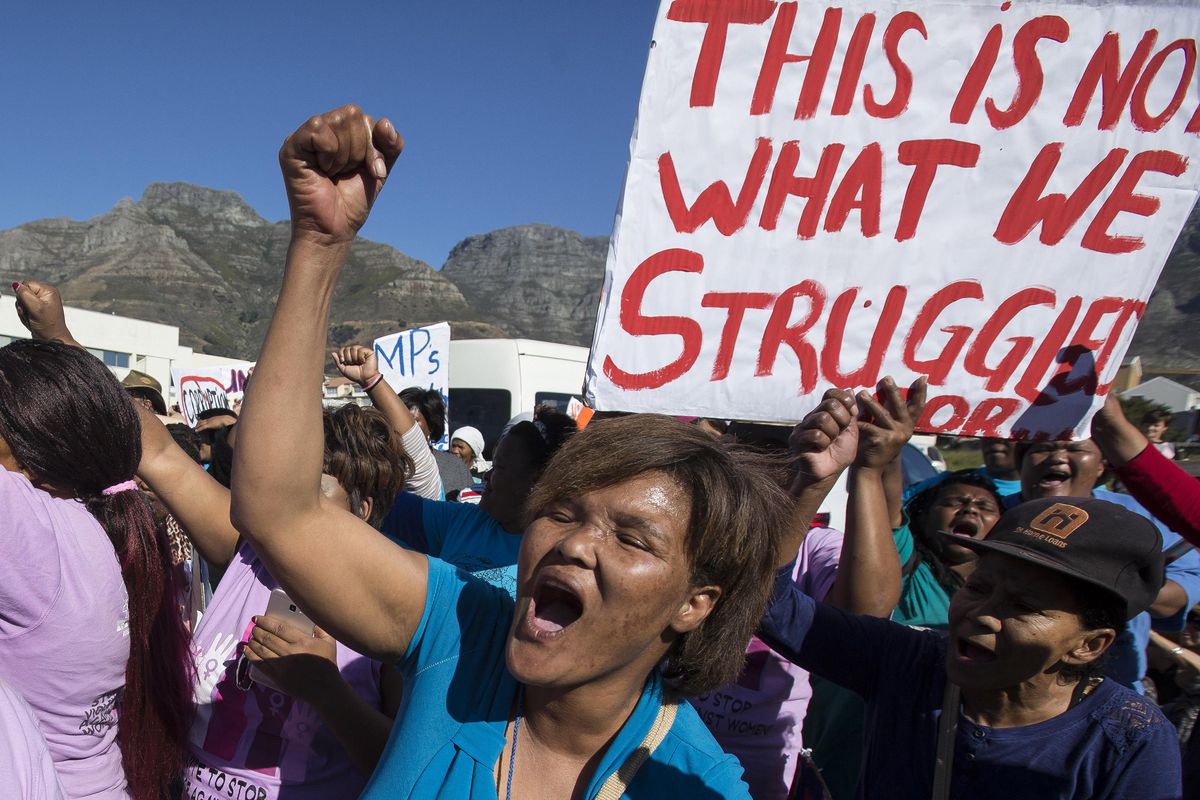 Protesters call for the removal of president Jacob Zuma in a march on Parliament in Cape Town, South Africa, Monday, Aug. 7, 2017. (Halden Krog / Associated Press)