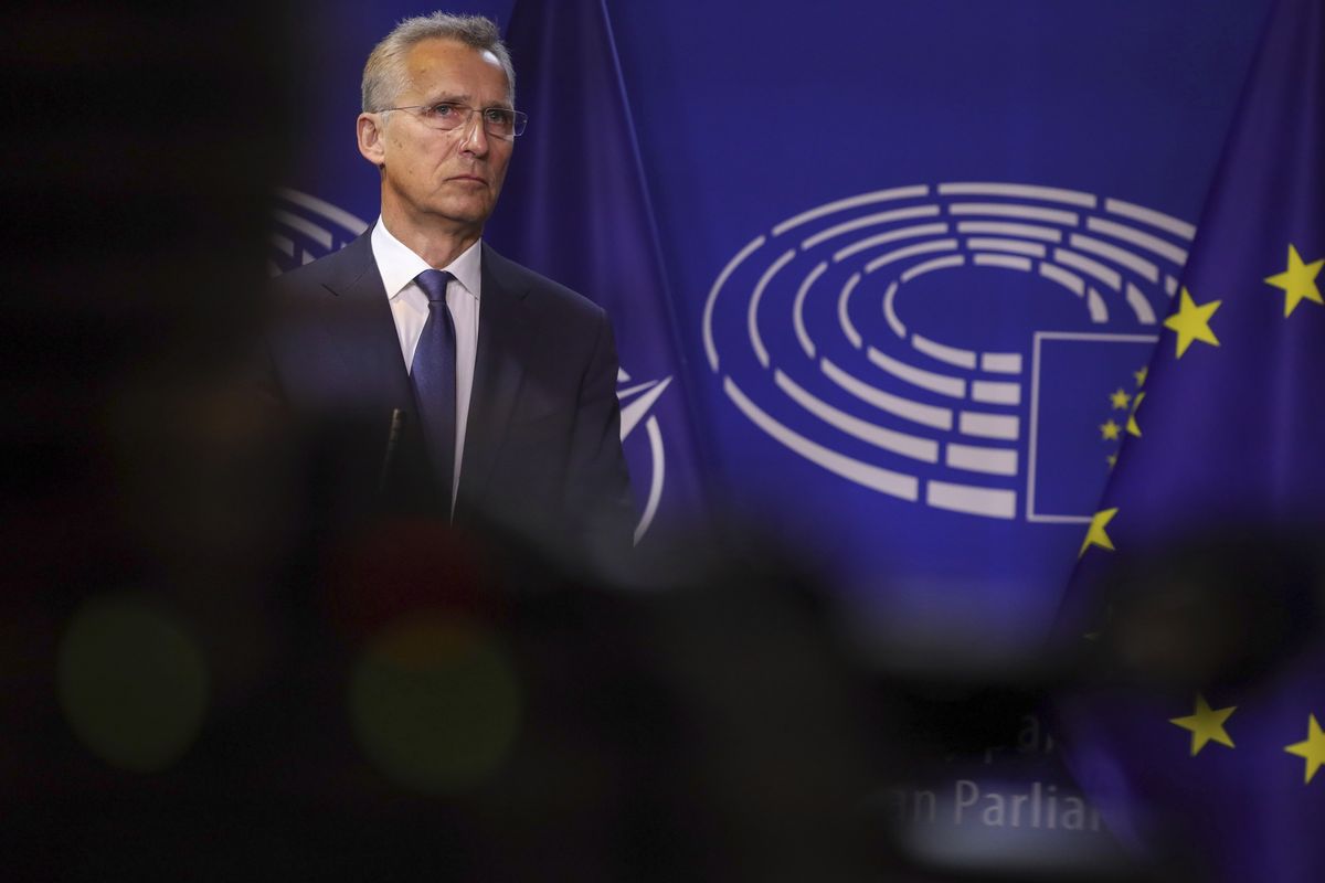 NATO Secretary General Jens Stoltenberg pauses as he delivers a statement to the media prior to a meeting at the European Parliament in Brussels, Thursday, April 28, 2022.  (Olivier Matthys)