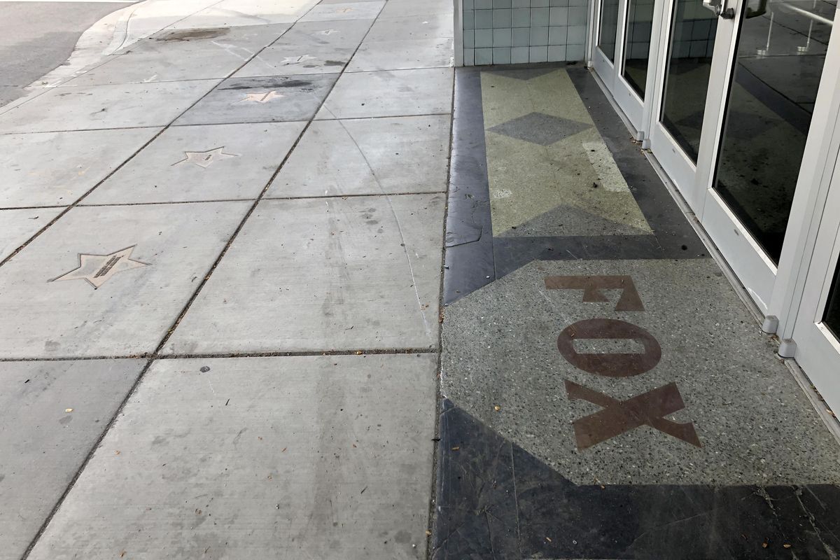 Skid marks and scratches on the sidewalk indicate where a car came close to crashing into the Martin Woldson Theater at the Fox Tuesday, May 20, 2020. The driver also destroyed a solar-powered garbage can. Jesse Tinsley/THE SPOKESMAN-REVIEW (Jesse Tinsley / The Spokesman-Review)