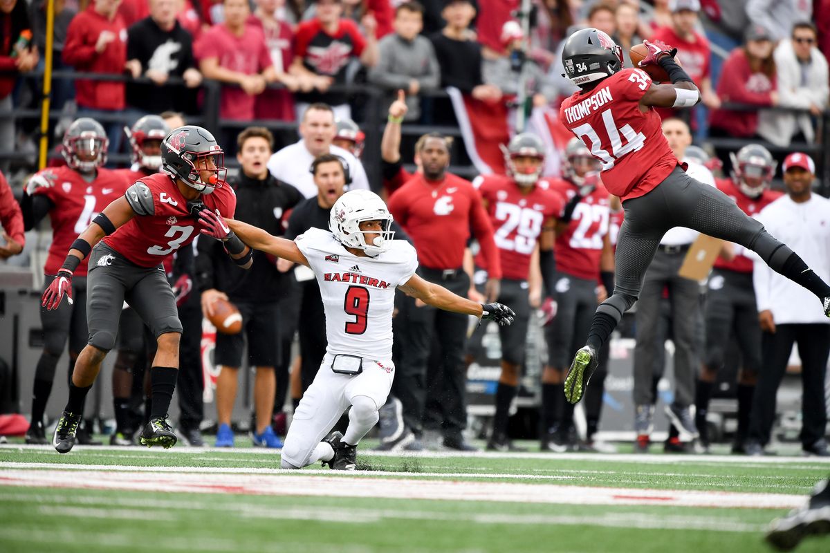Washington State Cougars safety Jalen Thompson (34) intercepts a pass intended for Eastern Washington Eagles wide receiver Andrew Boston (9) during the first half of a college football game on Saturday, September 15, 2018, at Martin Stadium in Pullman, Wash. (Tyler Tjomsland / The Spokesman-Review)