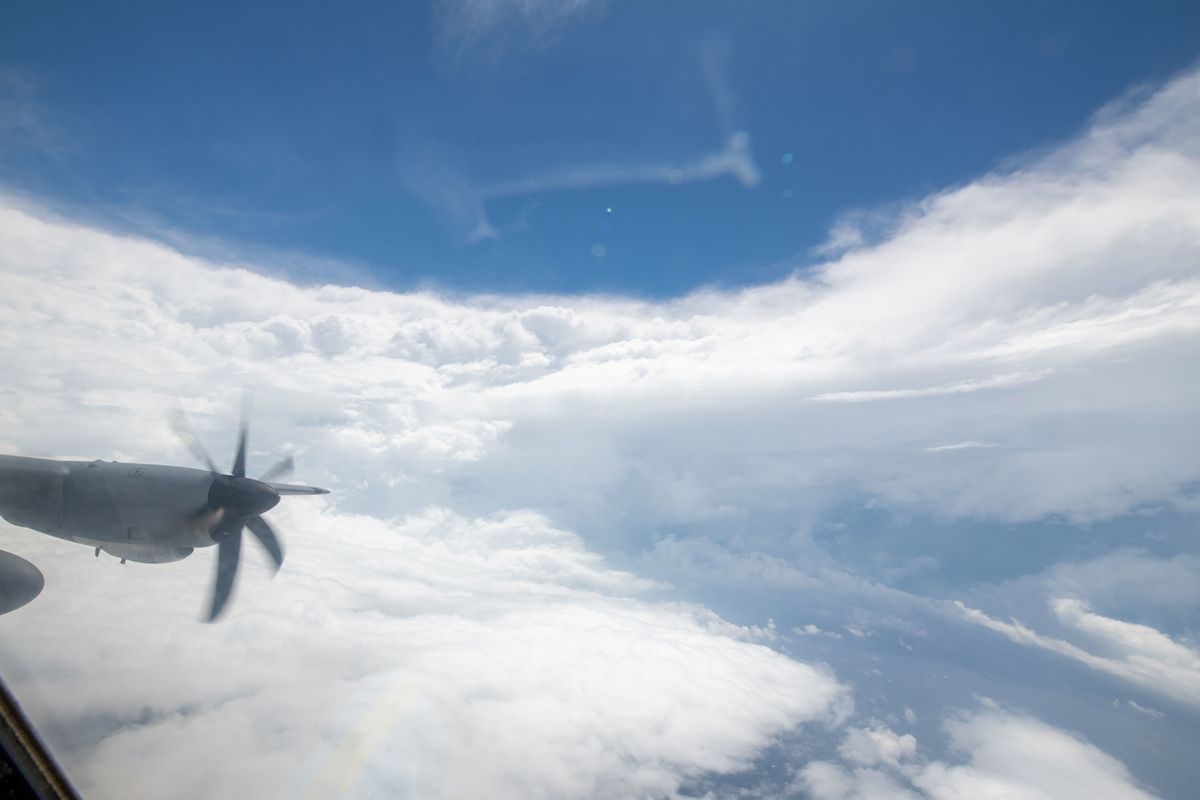 A WC-130J Super Hercules aircraft assigned to the 53rd Weather Reconnaissance Squadron flies in the eye of Hurricane Ian on Sept. 27, 2022.    (Staff Sgt. Kristen Pittman/Air Force/Handout)