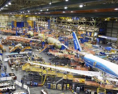 The production line at the Boeing 787 final assembly factory in Everett, Wash. (File Associated Press / The Spokesman-Review)